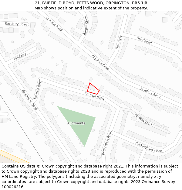 21, FAIRFIELD ROAD, PETTS WOOD, ORPINGTON, BR5 1JR: Location map and indicative extent of plot