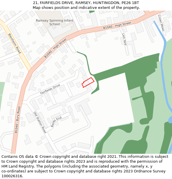 21, FAIRFIELDS DRIVE, RAMSEY, HUNTINGDON, PE26 1BT: Location map and indicative extent of plot