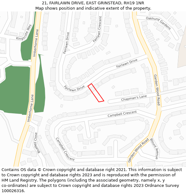 21, FAIRLAWN DRIVE, EAST GRINSTEAD, RH19 1NR: Location map and indicative extent of plot