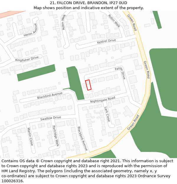 21, FALCON DRIVE, BRANDON, IP27 0UD: Location map and indicative extent of plot