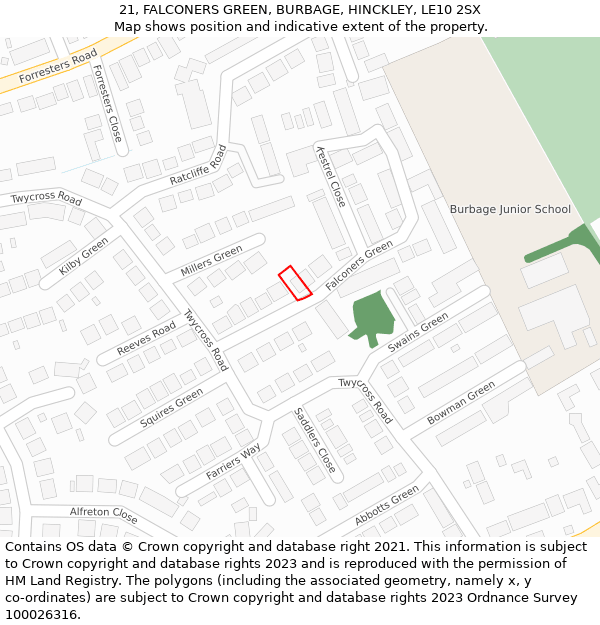 21, FALCONERS GREEN, BURBAGE, HINCKLEY, LE10 2SX: Location map and indicative extent of plot