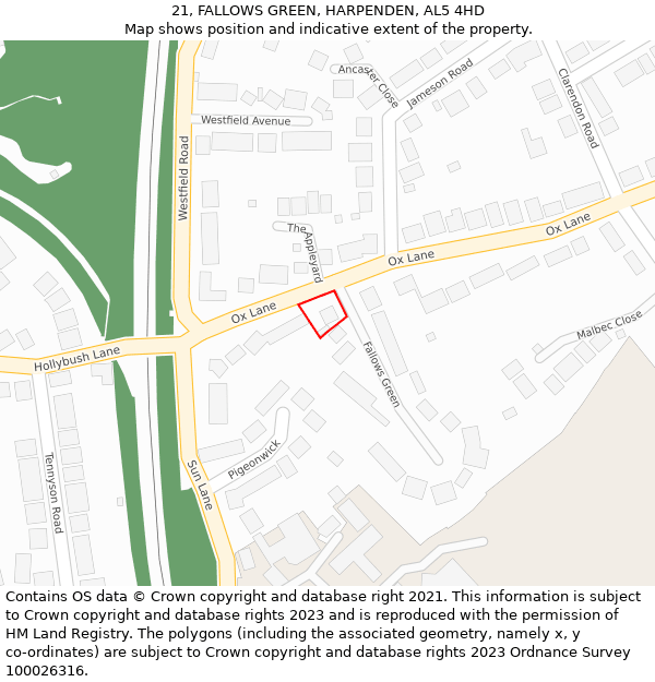 21, FALLOWS GREEN, HARPENDEN, AL5 4HD: Location map and indicative extent of plot