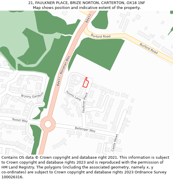 21, FAULKNER PLACE, BRIZE NORTON, CARTERTON, OX18 1NF: Location map and indicative extent of plot