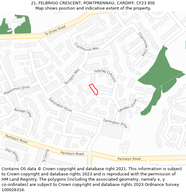 21, FELBRIGG CRESCENT, PONTPRENNAU, CARDIFF, CF23 8SE: Location map and indicative extent of plot