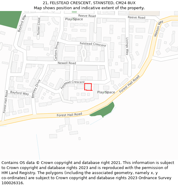 21, FELSTEAD CRESCENT, STANSTED, CM24 8UX: Location map and indicative extent of plot