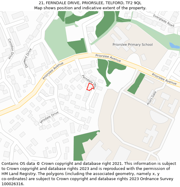 21, FERNDALE DRIVE, PRIORSLEE, TELFORD, TF2 9QL: Location map and indicative extent of plot