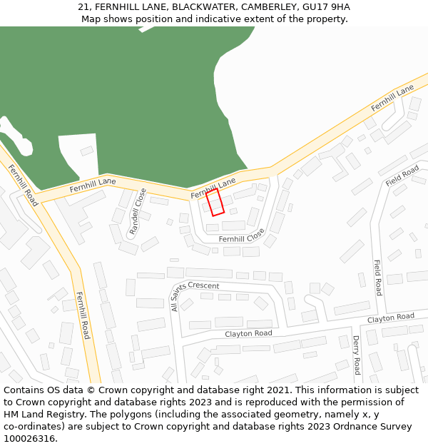 21, FERNHILL LANE, BLACKWATER, CAMBERLEY, GU17 9HA: Location map and indicative extent of plot