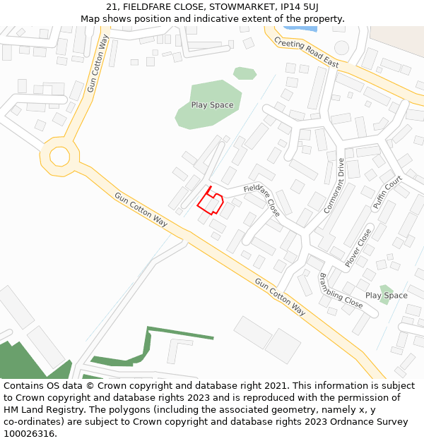 21, FIELDFARE CLOSE, STOWMARKET, IP14 5UJ: Location map and indicative extent of plot