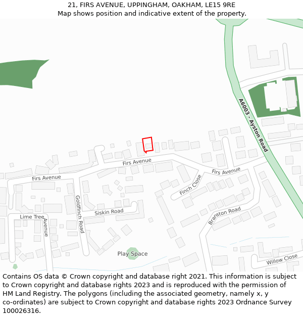 21, FIRS AVENUE, UPPINGHAM, OAKHAM, LE15 9RE: Location map and indicative extent of plot