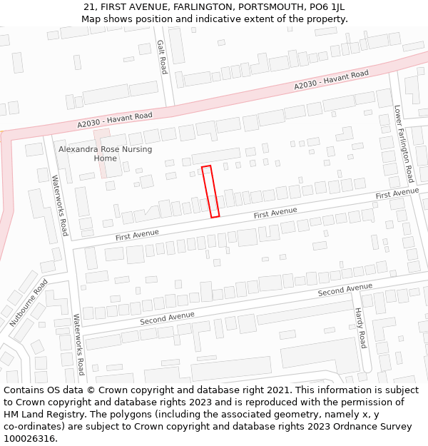 21, FIRST AVENUE, FARLINGTON, PORTSMOUTH, PO6 1JL: Location map and indicative extent of plot