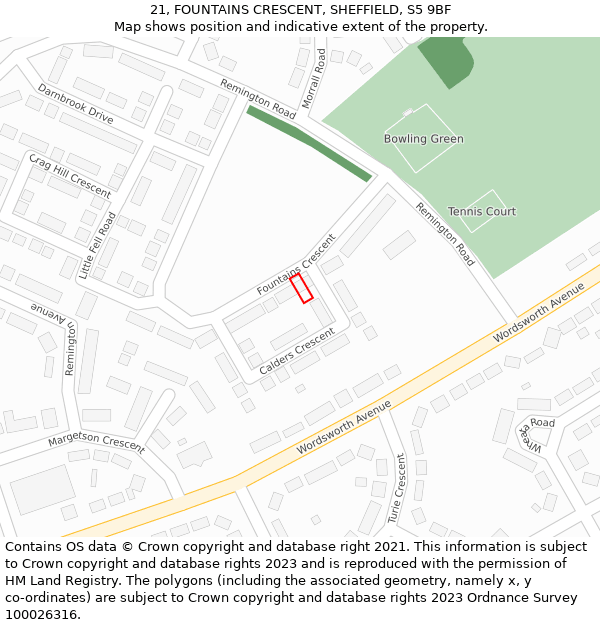 21, FOUNTAINS CRESCENT, SHEFFIELD, S5 9BF: Location map and indicative extent of plot