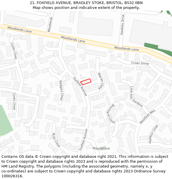 21, FOXFIELD AVENUE, BRADLEY STOKE, BRISTOL, BS32 0BN: Location map and indicative extent of plot