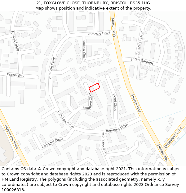 21, FOXGLOVE CLOSE, THORNBURY, BRISTOL, BS35 1UG: Location map and indicative extent of plot