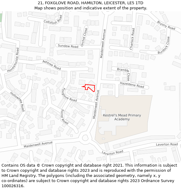 21, FOXGLOVE ROAD, HAMILTON, LEICESTER, LE5 1TD: Location map and indicative extent of plot