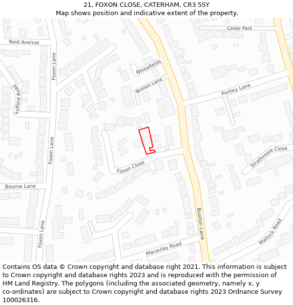 21, FOXON CLOSE, CATERHAM, CR3 5SY: Location map and indicative extent of plot