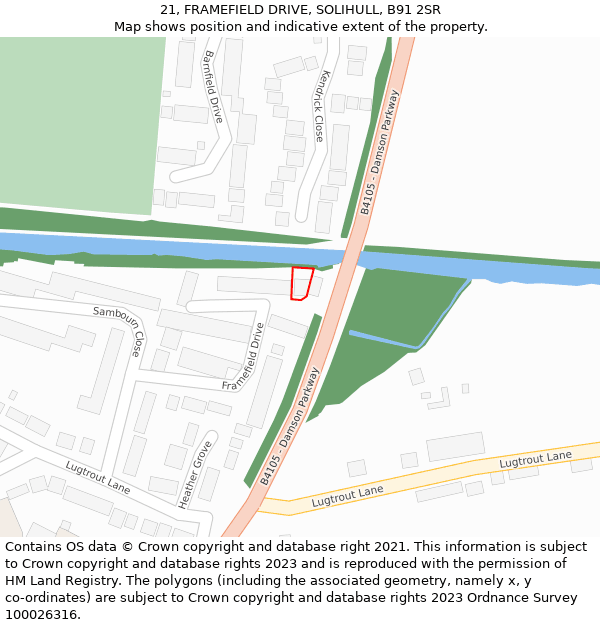 21, FRAMEFIELD DRIVE, SOLIHULL, B91 2SR: Location map and indicative extent of plot