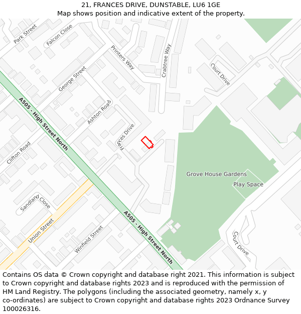 21, FRANCES DRIVE, DUNSTABLE, LU6 1GE: Location map and indicative extent of plot