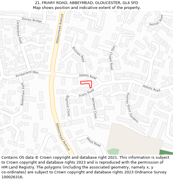 21, FRIARY ROAD, ABBEYMEAD, GLOUCESTER, GL4 5FD: Location map and indicative extent of plot
