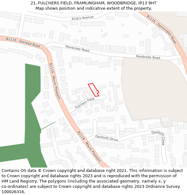 21, FULCHERS FIELD, FRAMLINGHAM, WOODBRIDGE, IP13 9HT: Location map and indicative extent of plot