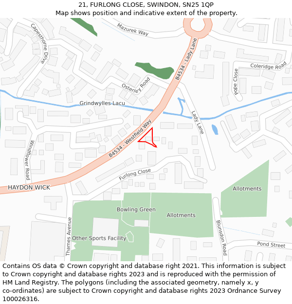 21, FURLONG CLOSE, SWINDON, SN25 1QP: Location map and indicative extent of plot