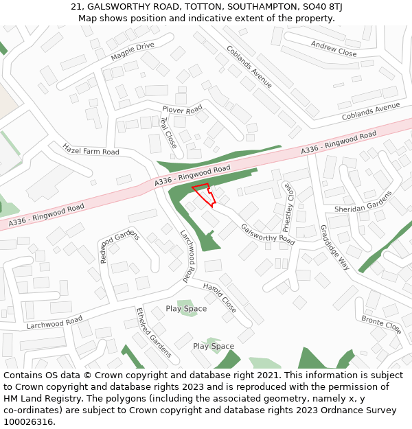 21, GALSWORTHY ROAD, TOTTON, SOUTHAMPTON, SO40 8TJ: Location map and indicative extent of plot