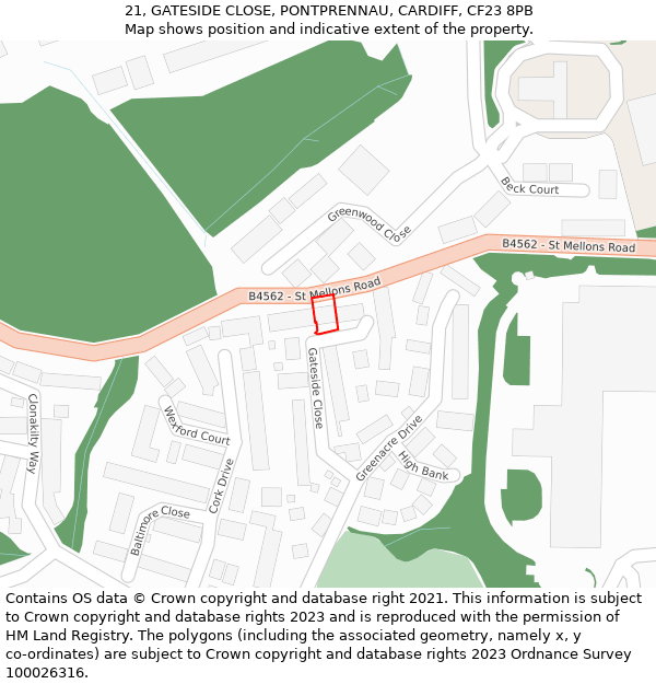21, GATESIDE CLOSE, PONTPRENNAU, CARDIFF, CF23 8PB: Location map and indicative extent of plot