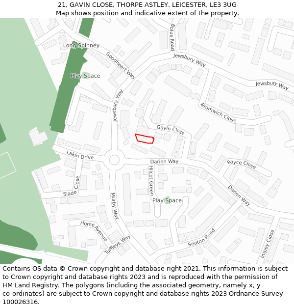 21, GAVIN CLOSE, THORPE ASTLEY, LEICESTER, LE3 3UG: Location map and indicative extent of plot