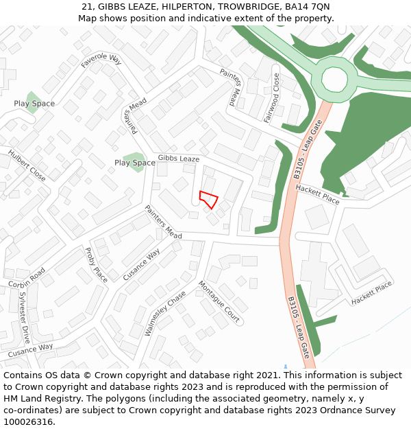 21, GIBBS LEAZE, HILPERTON, TROWBRIDGE, BA14 7QN: Location map and indicative extent of plot