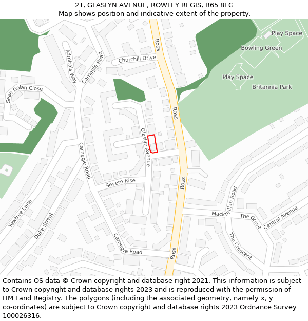 21, GLASLYN AVENUE, ROWLEY REGIS, B65 8EG: Location map and indicative extent of plot