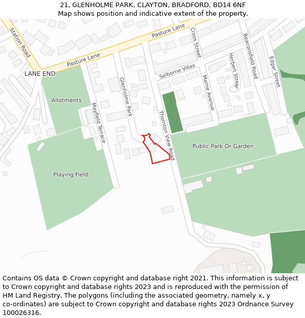 21, GLENHOLME PARK, CLAYTON, BRADFORD, BD14 6NF: Location map and indicative extent of plot
