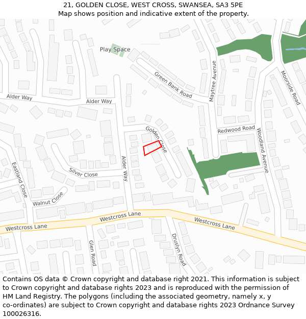 21, GOLDEN CLOSE, WEST CROSS, SWANSEA, SA3 5PE: Location map and indicative extent of plot