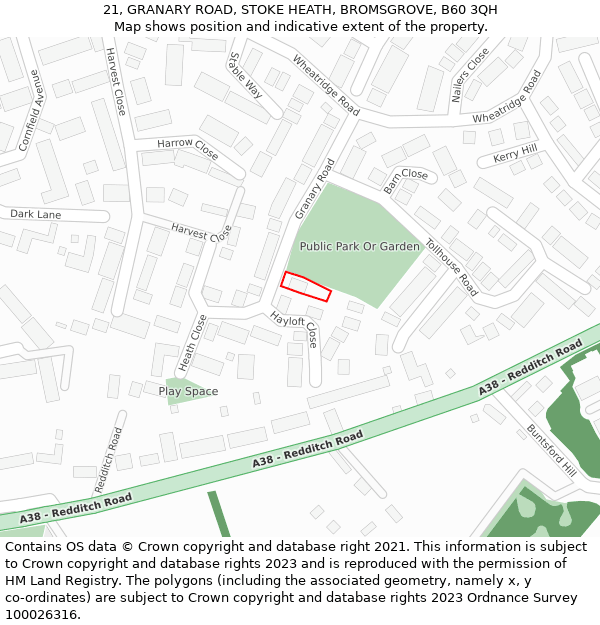 21, GRANARY ROAD, STOKE HEATH, BROMSGROVE, B60 3QH: Location map and indicative extent of plot