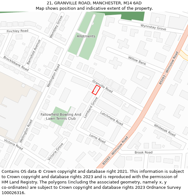 21, GRANVILLE ROAD, MANCHESTER, M14 6AD: Location map and indicative extent of plot