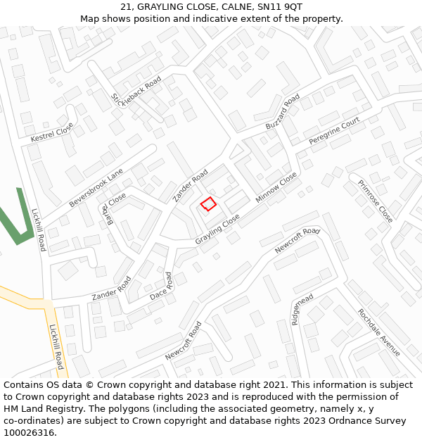 21, GRAYLING CLOSE, CALNE, SN11 9QT: Location map and indicative extent of plot