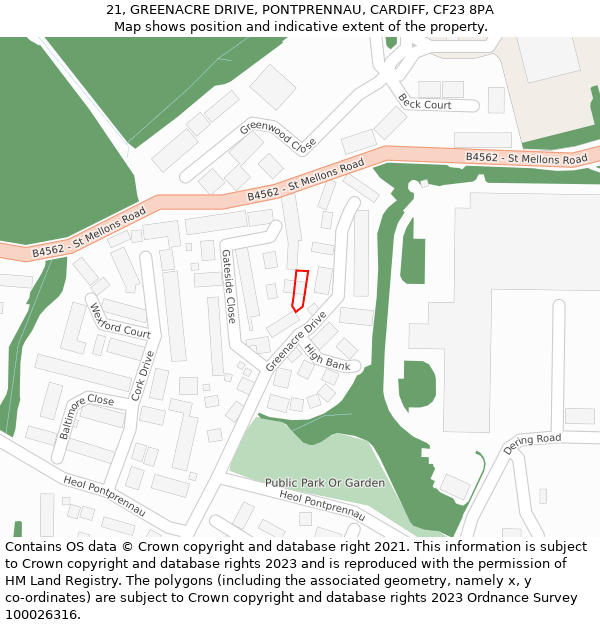 21, GREENACRE DRIVE, PONTPRENNAU, CARDIFF, CF23 8PA: Location map and indicative extent of plot