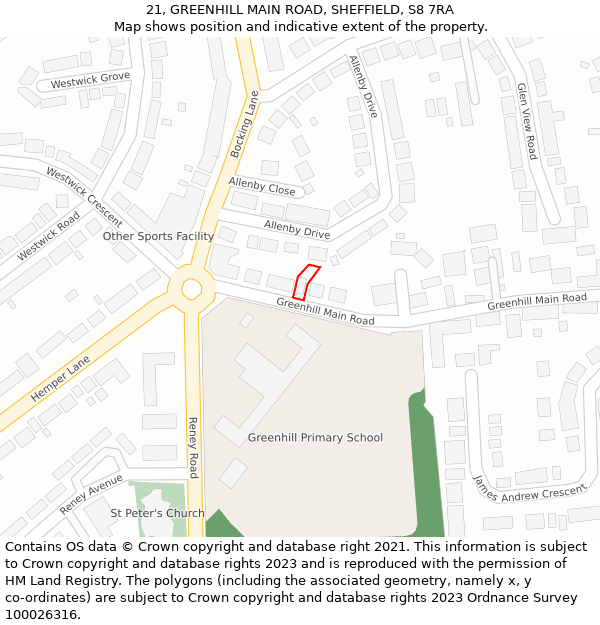 21, GREENHILL MAIN ROAD, SHEFFIELD, S8 7RA: Location map and indicative extent of plot