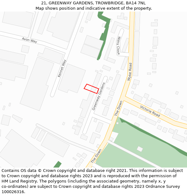 21, GREENWAY GARDENS, TROWBRIDGE, BA14 7NL: Location map and indicative extent of plot