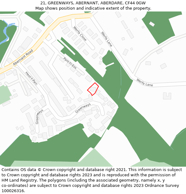 21, GREENWAYS, ABERNANT, ABERDARE, CF44 0GW: Location map and indicative extent of plot