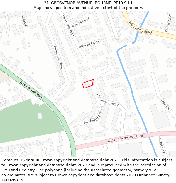 21, GROSVENOR AVENUE, BOURNE, PE10 9HU: Location map and indicative extent of plot