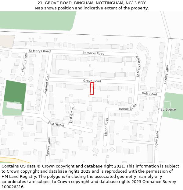 21, GROVE ROAD, BINGHAM, NOTTINGHAM, NG13 8DY: Location map and indicative extent of plot