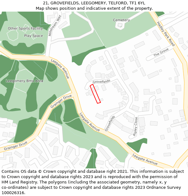 21, GROVEFIELDS, LEEGOMERY, TELFORD, TF1 6YL: Location map and indicative extent of plot