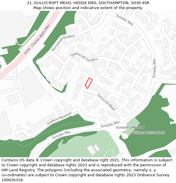 21, GULLYCROFT MEAD, HEDGE END, SOUTHAMPTON, SO30 4SR: Location map and indicative extent of plot