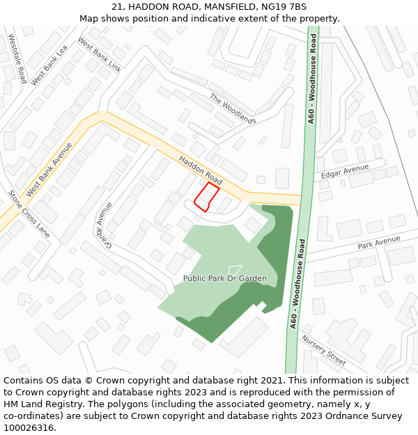 21, HADDON ROAD, MANSFIELD, NG19 7BS: Location map and indicative extent of plot