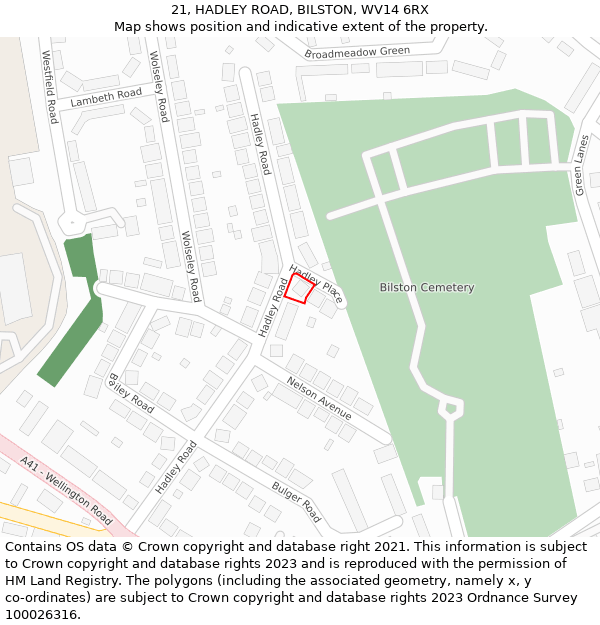 21, HADLEY ROAD, BILSTON, WV14 6RX: Location map and indicative extent of plot