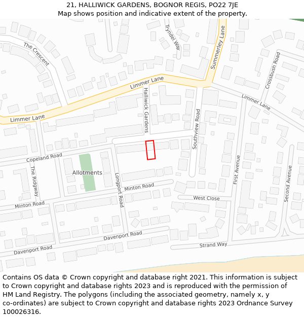 21, HALLIWICK GARDENS, BOGNOR REGIS, PO22 7JE: Location map and indicative extent of plot