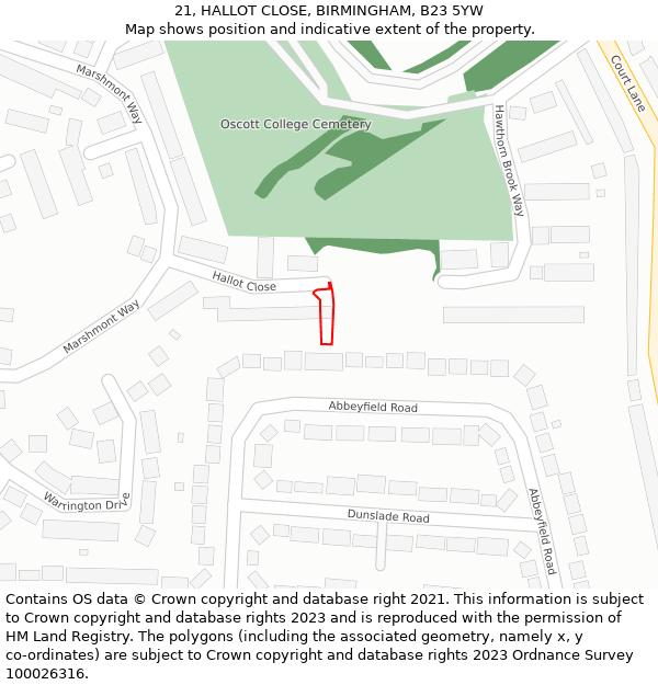 21, HALLOT CLOSE, BIRMINGHAM, B23 5YW: Location map and indicative extent of plot