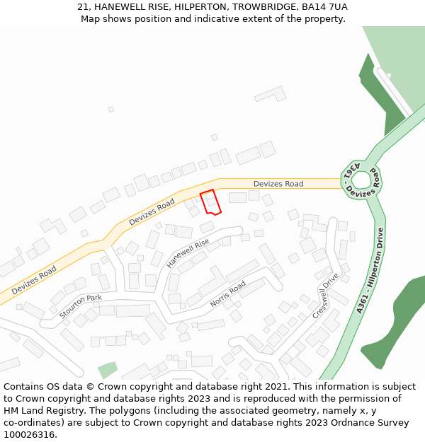 21, HANEWELL RISE, HILPERTON, TROWBRIDGE, BA14 7UA: Location map and indicative extent of plot