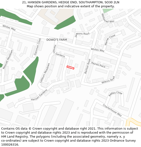 21, HANSEN GARDENS, HEDGE END, SOUTHAMPTON, SO30 2LN: Location map and indicative extent of plot