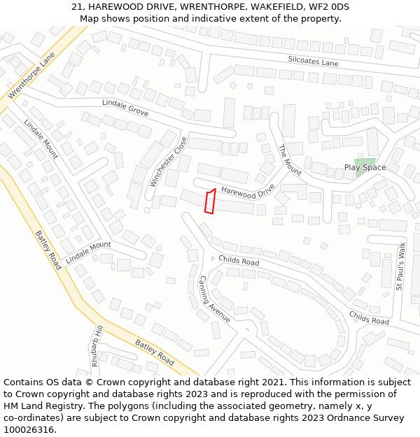 21, HAREWOOD DRIVE, WRENTHORPE, WAKEFIELD, WF2 0DS: Location map and indicative extent of plot