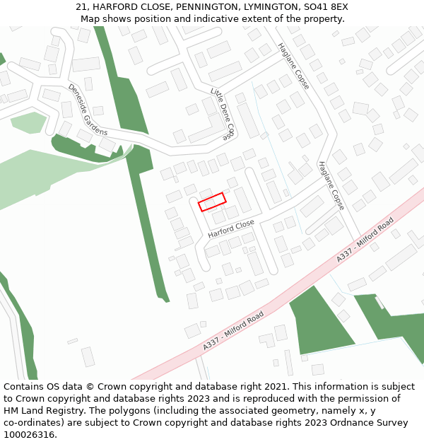 21, HARFORD CLOSE, PENNINGTON, LYMINGTON, SO41 8EX: Location map and indicative extent of plot